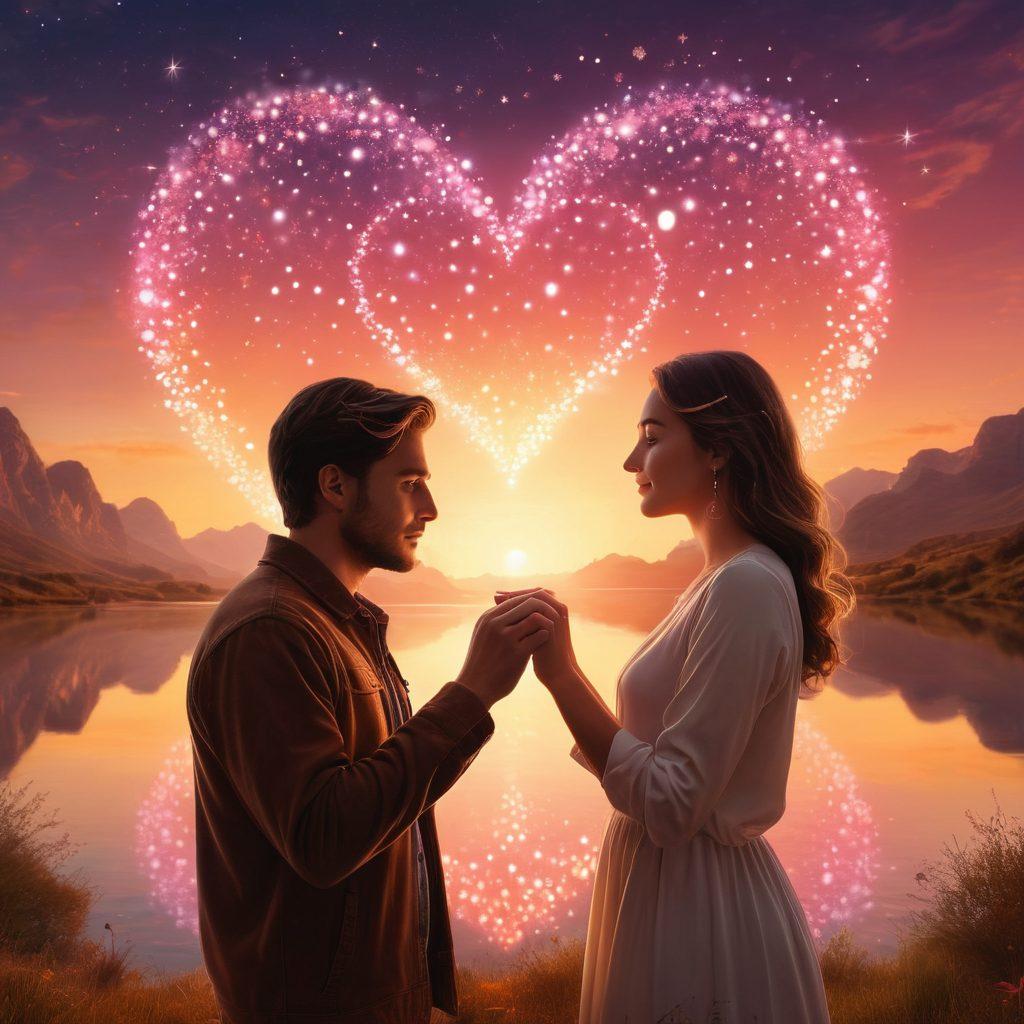 An enchanting scene of a couple connecting through a glowing digital interface, surrounded by various symbols of love like hearts, stars, and glowing sparkles. The background features a dreamy landscape that blends the online world with a serene sunset. Elements of technology and romance intertwine harmoniously, reflecting the journey from online sparks to lasting love. super-realistic. vibrant colors. dreamy atmosphere.