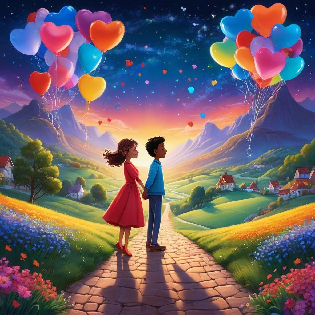 A whimsical scene of two cartoon characters sharing a magical moment, surrounded by vibrant hearts and colorful balloons. The background features a dreamy landscape with rolling hills and sparkling stars, symbolizing endless adventures in love. Include elements like a glowing path, laughter, and connection symbols to enhance the theme of love and companionship. Illustration style: vibrant colors, cartoonish, playful.