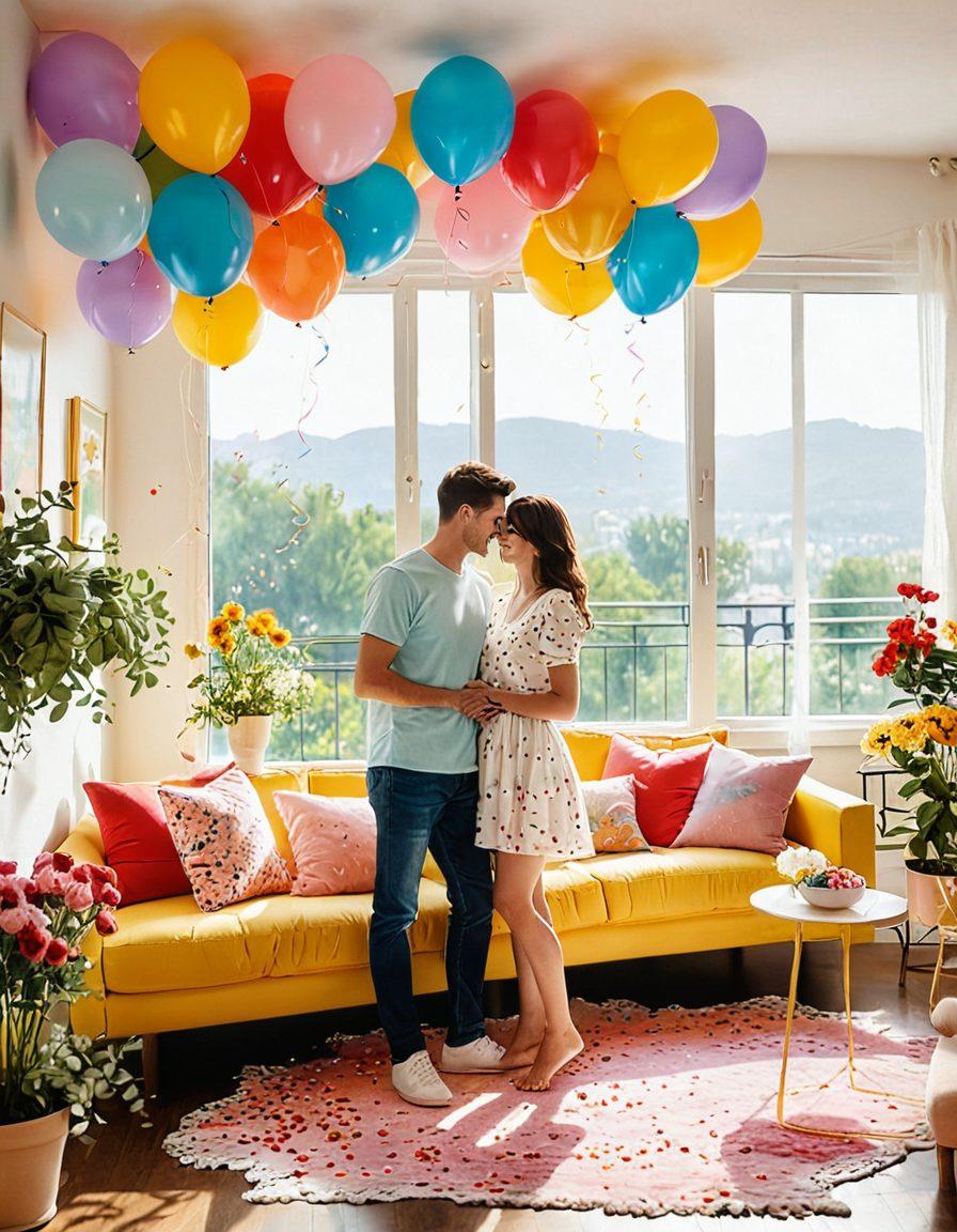 A cozy couple sharing a warm embrace in a sunlit living room, surrounded by playful, whimsical elements like balloons, confetti, and vibrant heart motifs. In the background, a scenic view of a lush garden filled with blooming flowers symbolizes growth and intimacy. Soft pastel colors dominate the scene, creating a joyful and inviting atmosphere. illustration style. vibrant colors. soft focus.